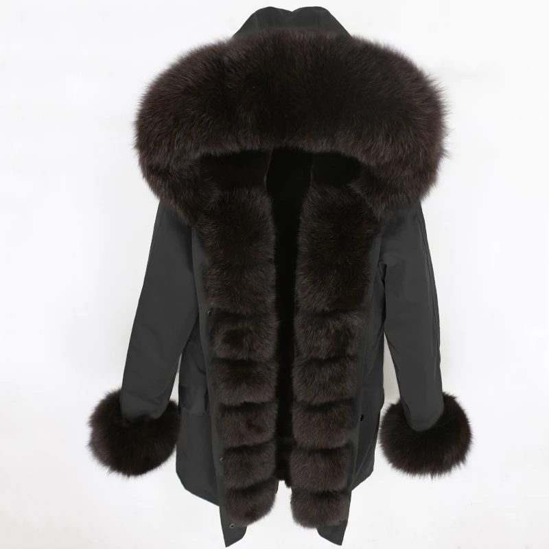 OFTBUY, водонепроницаемая парка, натуральное меховое пальто, зимняя куртка для женщин, воротник из натурального меха енота, капюшон, подкладка из натурального кроличьего меха, съемная - Цвет: black dark brown