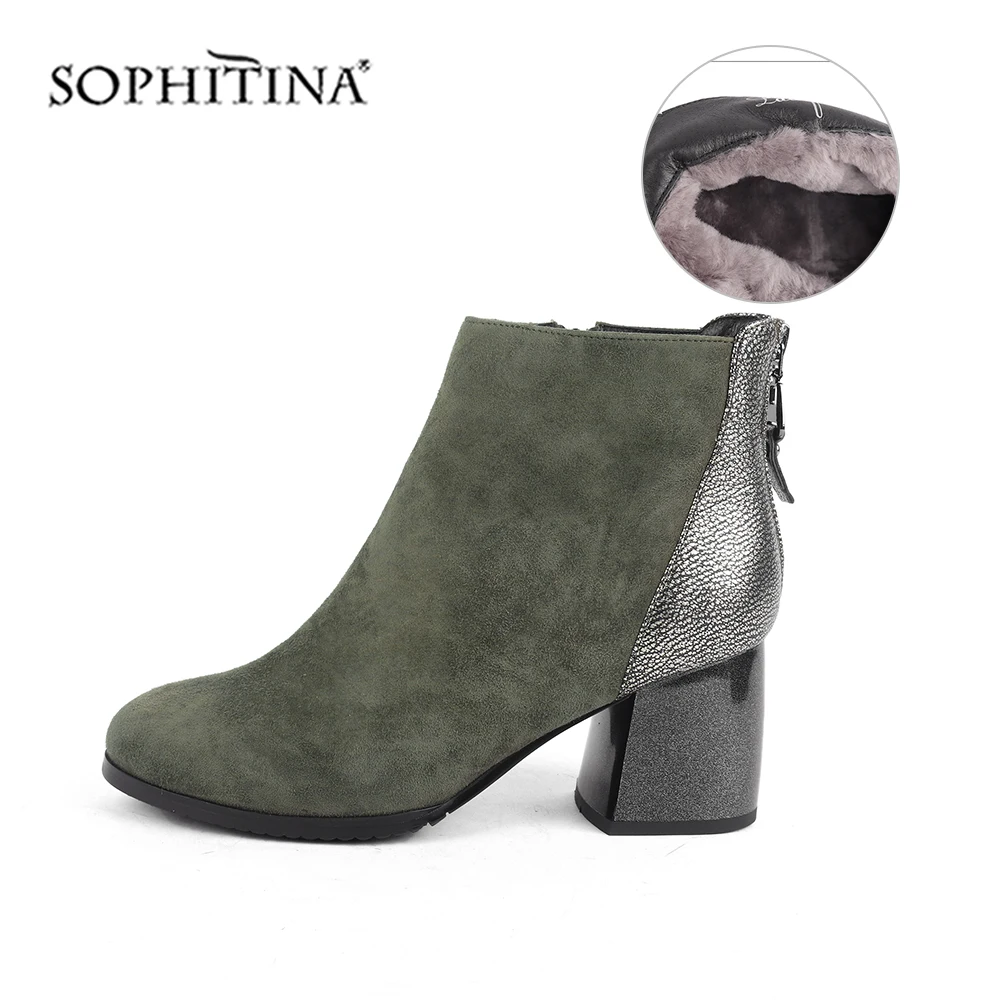SOPHITINA Winter Boots High Quality Kid Suede Comfortable Square Heel Round Toe Women Shoes New Wool Fur Warm Ankle Boots C518
