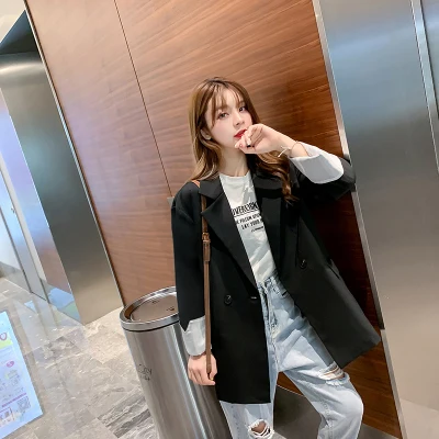 2020 Autumn Spring Female Black Chic Suit Coat Black Casual Clothes Double Breasted Pockets Women Blazers And Jackets Coats