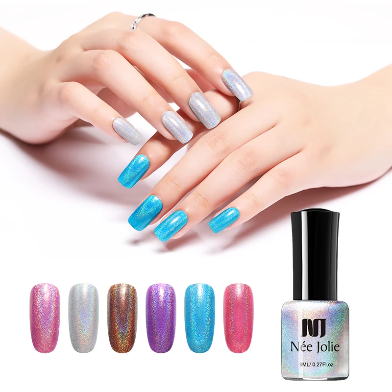

NEE JOLIE 8ml Holographic Nail Polish Sparkling Shiny Pink Purple Silver Mixed Colors Nail Art Varnish for Nail DIY Design