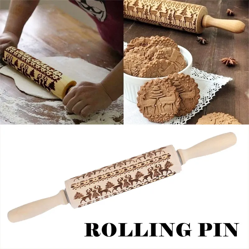 Rolling Pins for Baking Christmas Patterned Rolling Pin Beautiful Wooden Rolling Pin Elk Wood Kitchen Gingerbread DIY Cookies