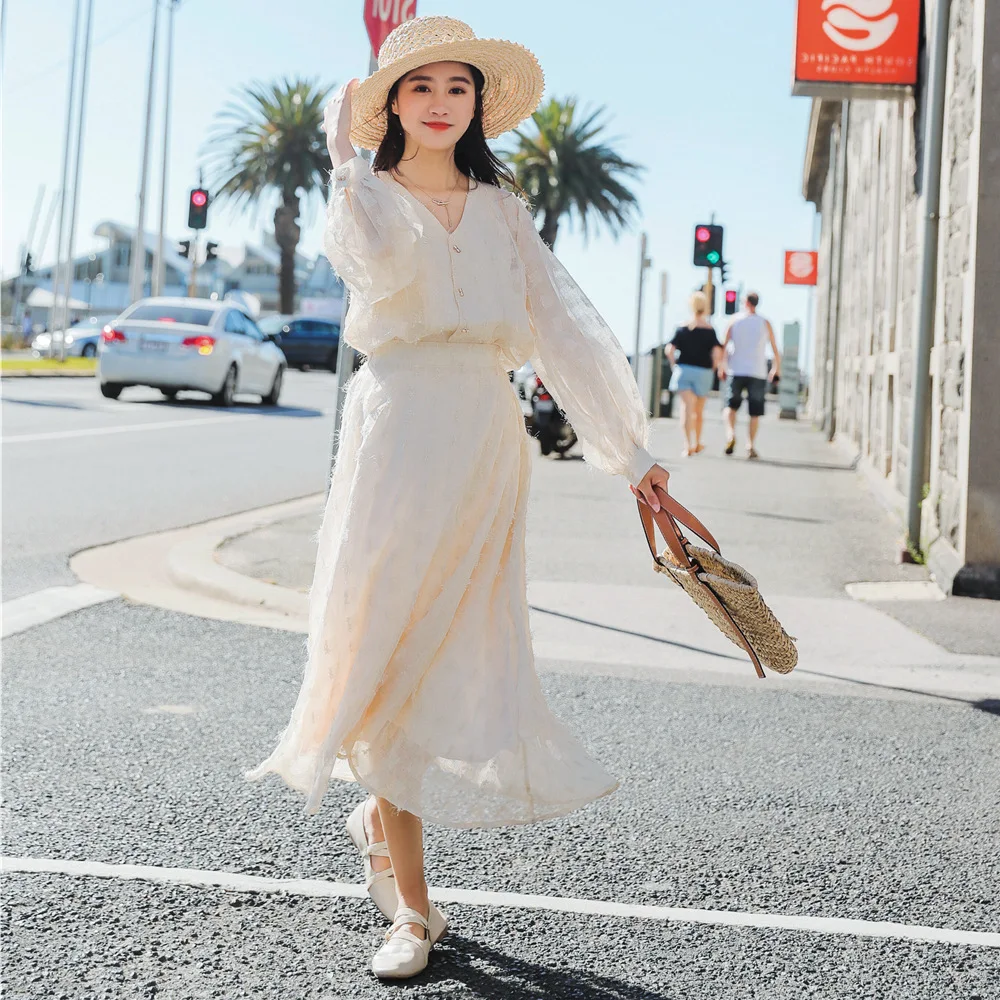 

INS Fairy Skirt 2019 Spring And Summer New Style Korean-style WOMEN'S Wear Retro CHIC Tops + Half-length Mesh Dress Two-Piece Se