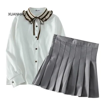 

XUANHAO Womens Two Piece Set Peter Pan Collar Ruffles White Blouse and Hight Waist Mini Pleated Skirt Gray A-ine Skirt Sets