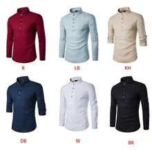 Мужская Повседневная рубашка с длинными рукавами и воротником-стойкой, однотонная блуза из искусственного льна, хиппи, приталенный пуловер на пуговицах, Пляжная футболка