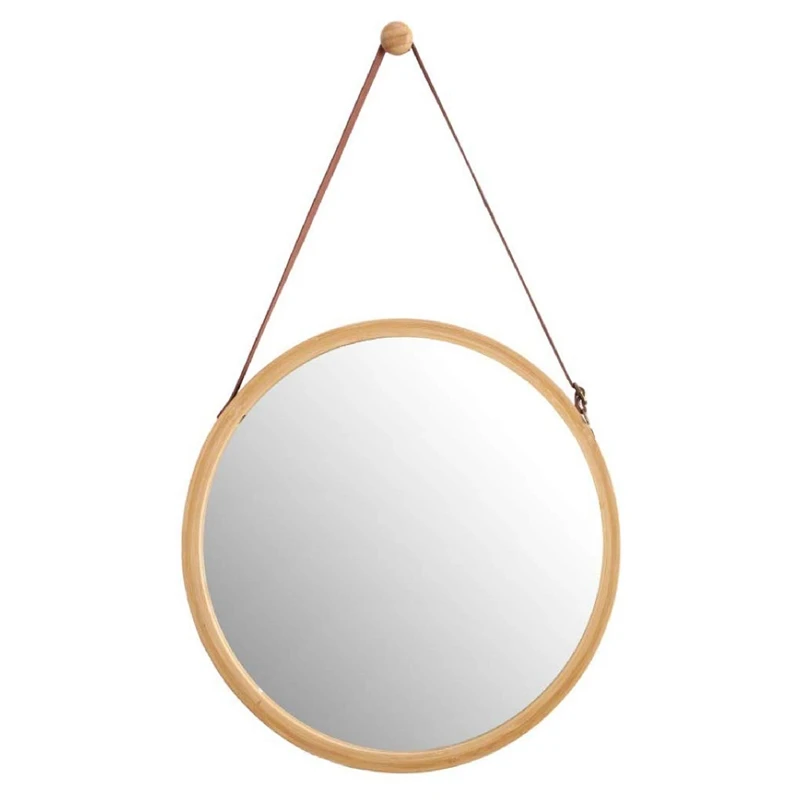  Hanging Round Wall Mirror in Bathroom & Bedroom - Solid Bamboo Frame & Adjustable Leather Strap Pro