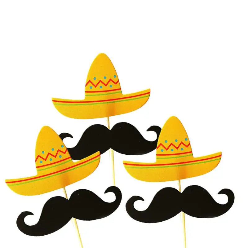 12pcs Mexican Carnival Mustache And Hat Cake Topper Baby Birthday Party Fruit Dessert Decorative Food Picks Table Decoration