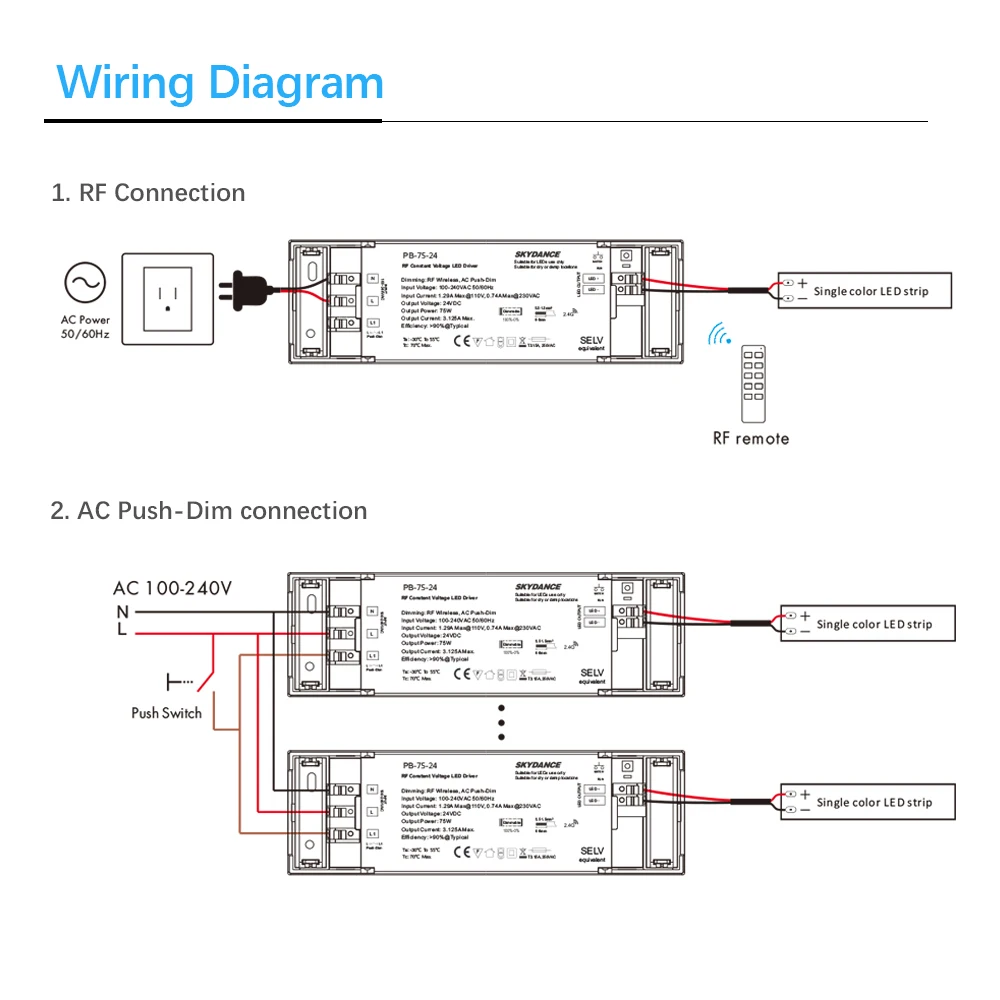 AC100V-240V DC/DC 12V 24V постоянный Напряжение 2,4G RF Диммируемый драйвер светодиодов 75 Вт 1 выходной канал для светодиодный освещения