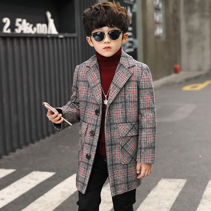 Boy Plus Cotton Thick Fashion Handsome Tartan Coat - Color: Red