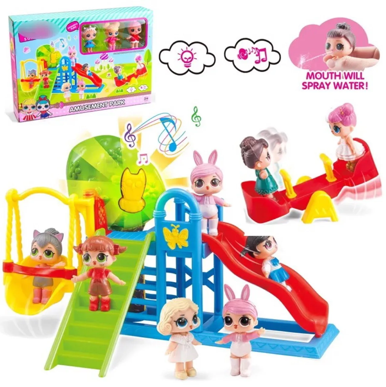 

Amazon Hot Sales-Garage Kit Doll Water Spouting Doll Seesaw Amusement Light Music Set