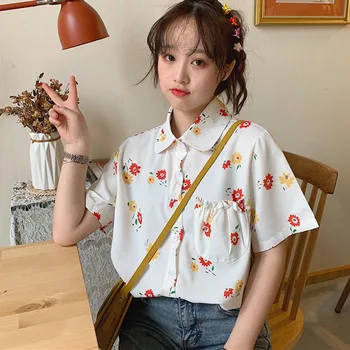

Women Floral Print Blouse Summer Short Sleeve Chiffon Blouse Turn-down Collar Loose Women Shirts
