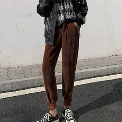 Pantalones de pana acolchados para mujer, calzas de cintura alta elásticas a la moda, de harén de terciopelo, lisos y sencillos, para invierno