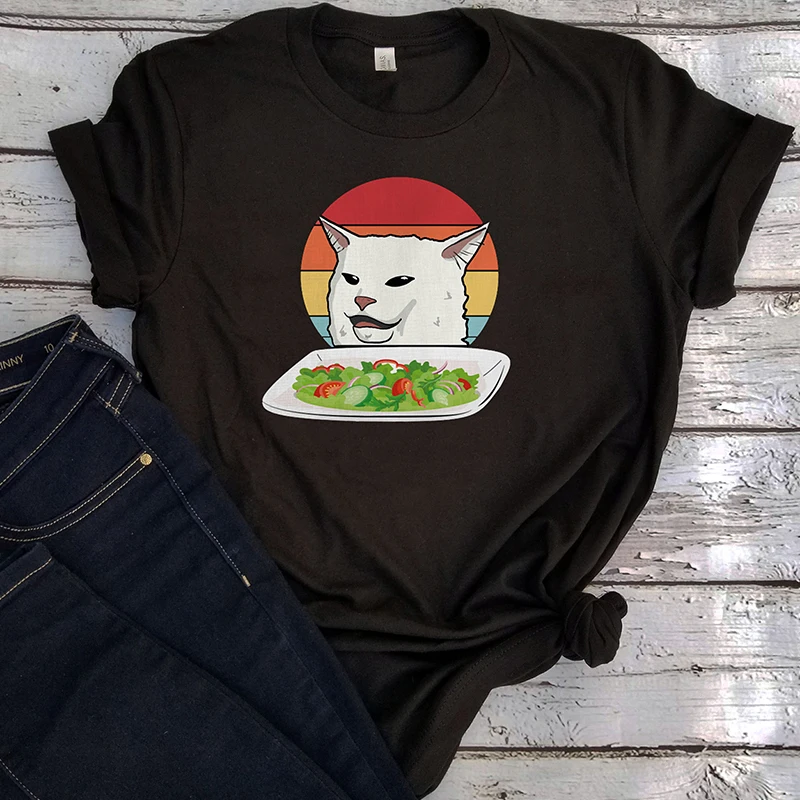 

Cat Meme Woman Yelling At Table Dinner Graphic T Shirts Harajuku Ugly Christmas Shirt Womens Vintage Tee Print Cute 90s Tops