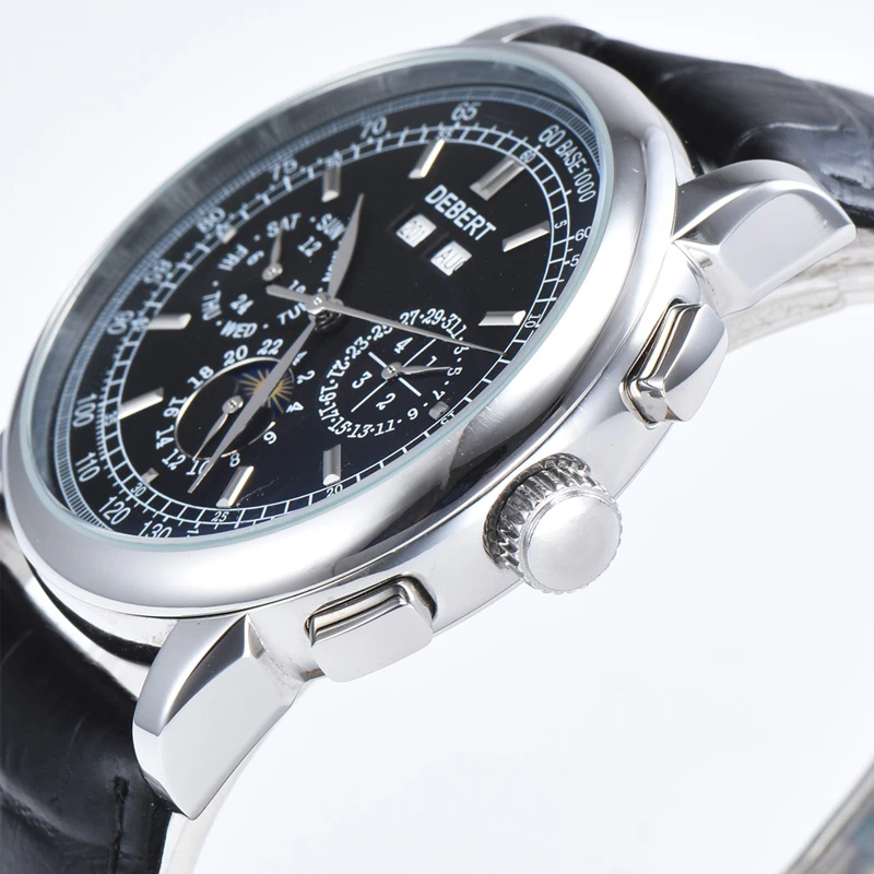 Debert42mm механические часы с черным циферблатом 316LSS чехол фаза Луны календарь& Неделя& месяц& год 24 часа Автоматические Мужские механические часы
