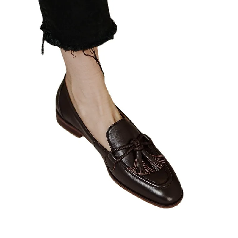 Retro Tassel bow-knot small leather shoes women loafers square toe low heels oxfords woman ins genuine leather fringe flats