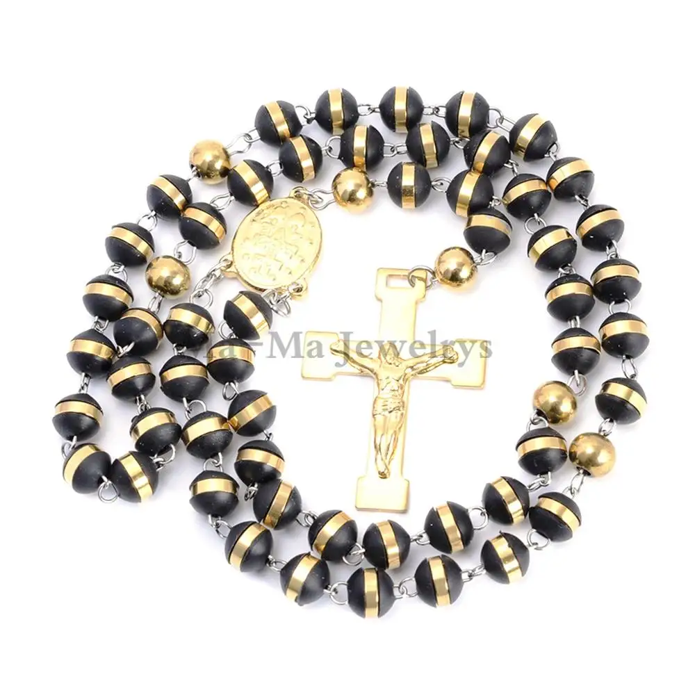 Mens or Womens Jewelry Black Gold Stainless Steel 8mm Silicone Rosary Chain Cross Pendant Necklace 28
