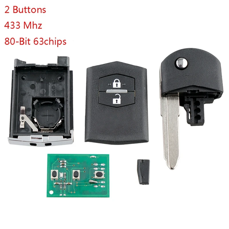 Car Smart Remote Key 2 Buttons 80-Bit 63 Chip Car Key Fob Fit for MAZDA 3 BK Series 2 for MAZDA BT50 433Mhz