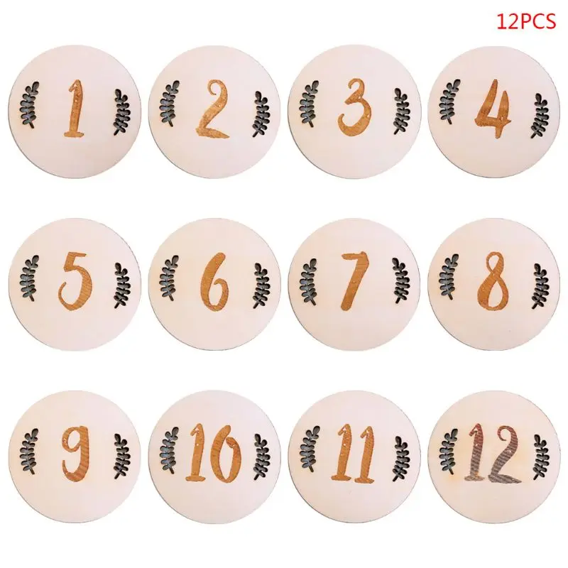 

12 Pcs/set Baby Milestone Card Vintage Leaf Numbers Engraved Wood Infants Bathing Gift Newborn Photography Props Set