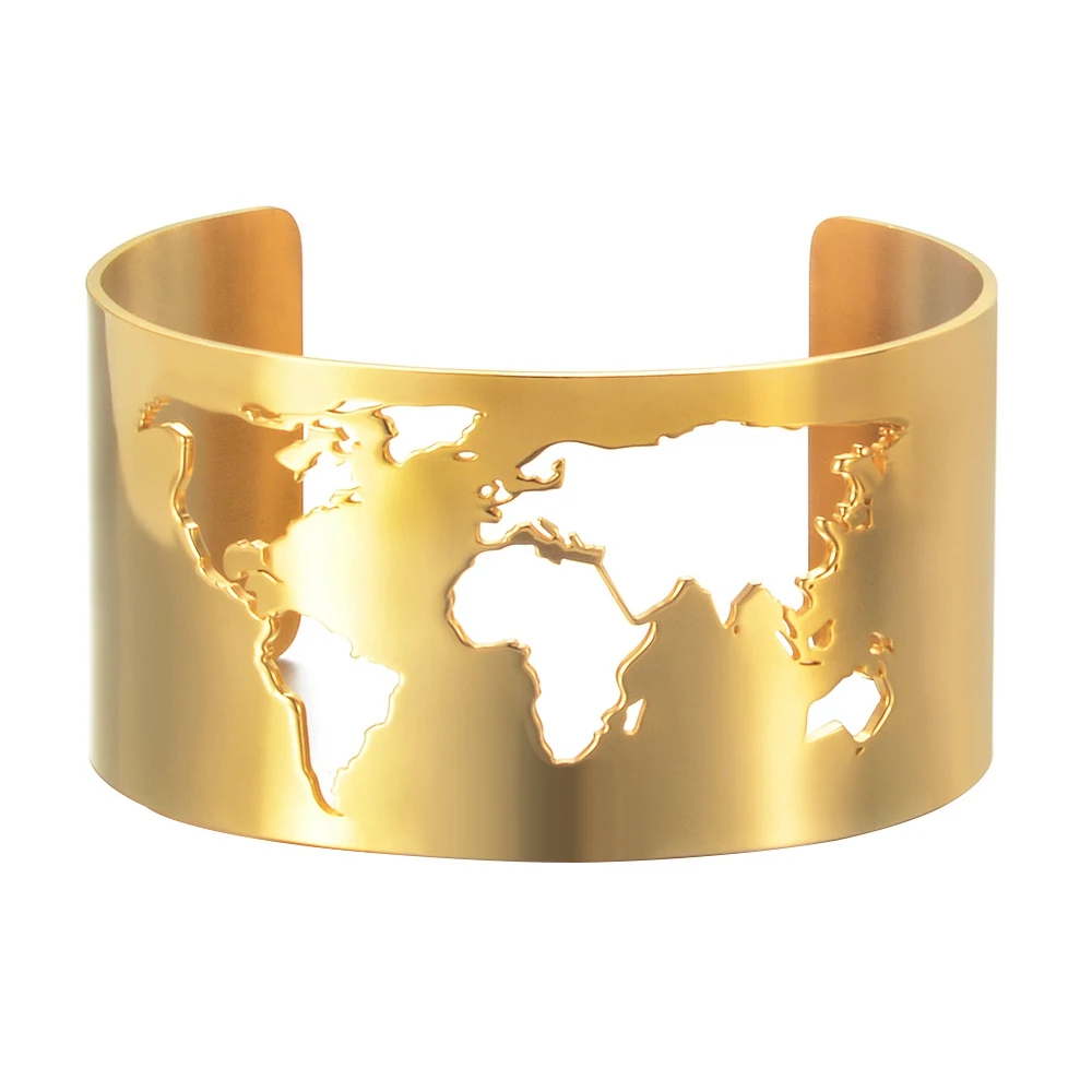 Браслет мира в путешествии, ювелирные изделия из нержавеющей стали, 35 мм, Карта мира, с вырезами, тонкий полированный круглый угол, открывающийся браслет, SL-141 - Окраска металла: Золотой цвет