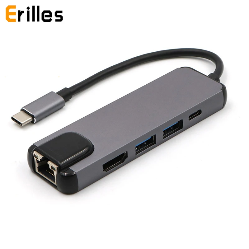 

USBC to Rj45 HDMI USB 3.1 Type C Charing Port 5 In 1 Hub 1000M Ethernet Lan 4K for Macbook/Pro Thunderbolt 3 USB-C Adapter Cable