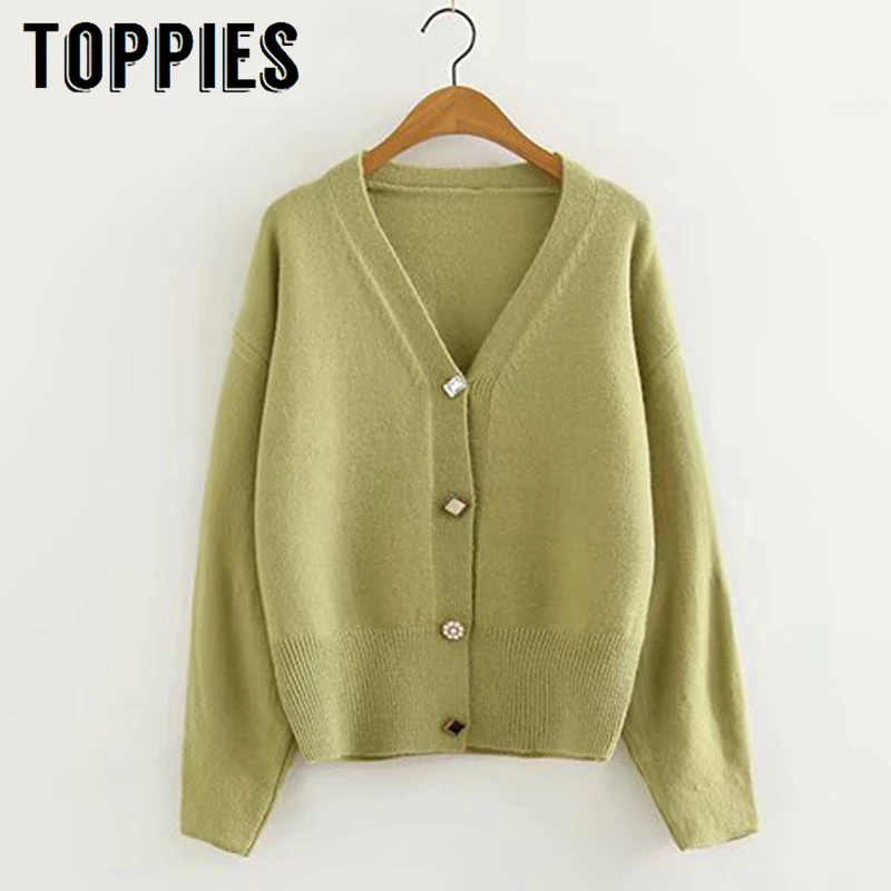 

Pearl Button Cardigan Sweater Women Lantern Sleeve V Neck Knitted Jacket Yellow Army Green Cardigan Fall 2019 Clothes