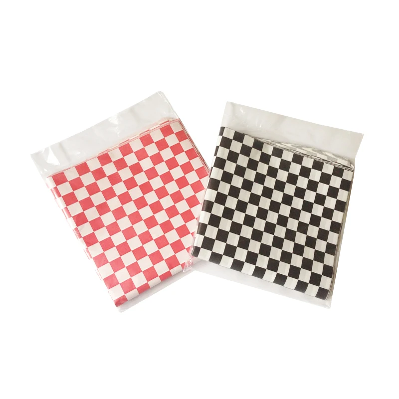 24pcs Black Checkered Wrapping Paper Red Oil Proof Baking Wax Paper For Bakery Hamburger Fries Foods Package Sheet 12''