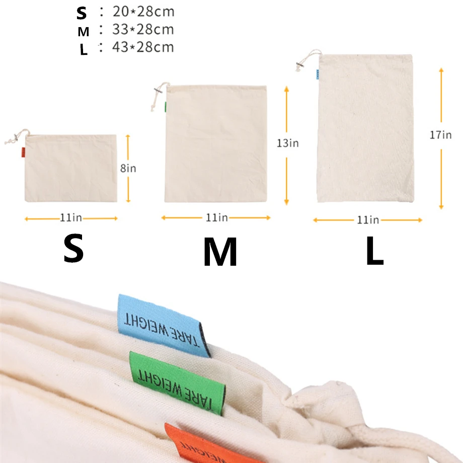 20pcs/lot Reusable Cotton Bag Drawstring Shopping Bags 20/33/43cm*28cm For Bulk Goods Tote Fruit Grocery Machine Washable