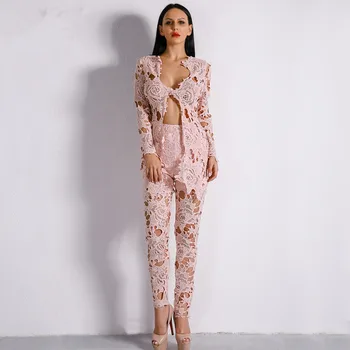 

Long Sleeve Jumpsuits Top Quality Bodycon Sexy Lace Vintage V Neck Evening Party Jumpsuits