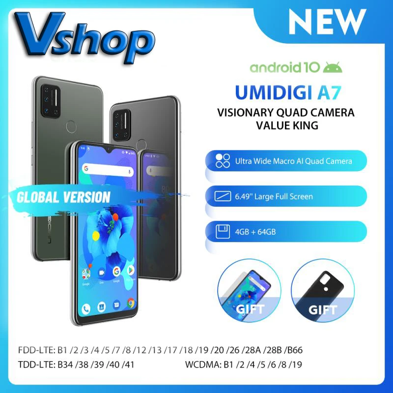 UMIDIGI A7 4GB+64GB Global Version Android 10 6.49'' Large Full Screen Cellphone Quad Camera Octa-Core Processor 4G Smartphone UMIDIGI A7 4GB+64GB Global Version Android 10 6.49'' Large Full Screen Cellphone Quad Camera Octa-Core Processor 4G Smartphone