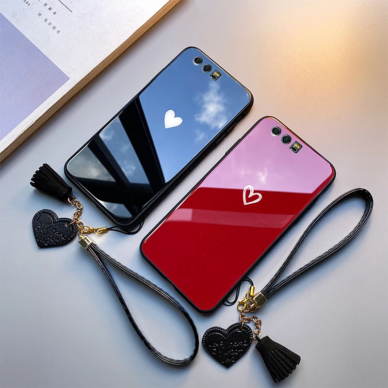 For Huawei Honor 10 9 Lite V9 V10 V20 Case Free Strap Red Black Heart Hard Glass Cover For Huawei Honor 9 10 Lite Casing Phone Case Covers Aliexpress