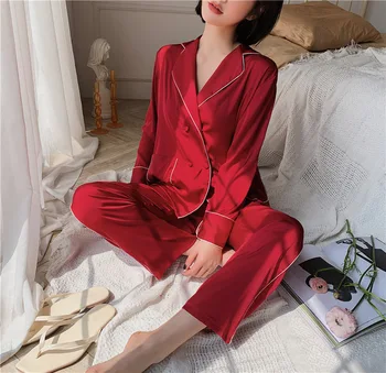 

Pajama women's summer ice silk long sleeved trousers Pajama two piece suit double breasted silk big brand home