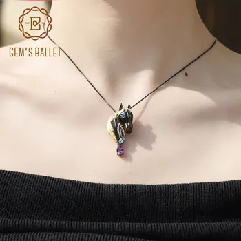 

GEM'S BALLET Handmade Modern Horse Pendant Brooch Natural Amethyst Sky Blue Topaz Gemstone 925 Sterling Silver Jewelry For Women