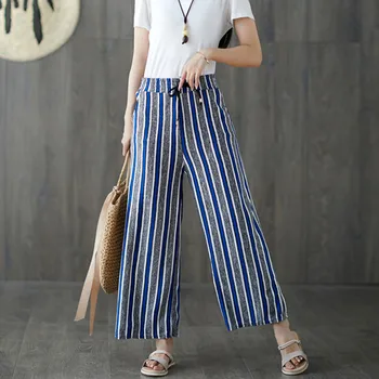 

2018 Hot Sale Women Striped Elastic-Waist Loose Cotton And Linen Casual Ankle-Length Pants In stock