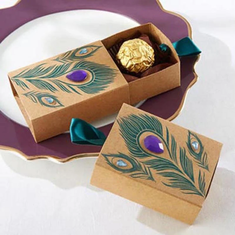 

5pcs Kraft Paper Cardboard Drawer Matches Packing Boxes Peacock Design Handmade Gifts Boxes Stationery Container