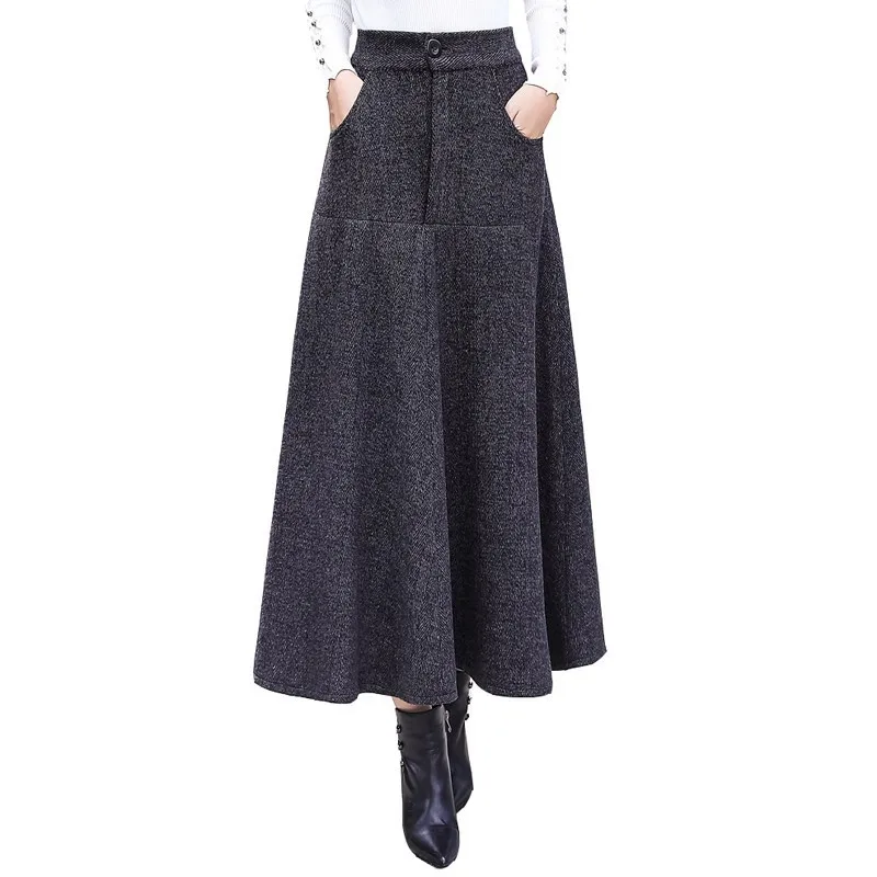 0247 длинные шерстяные юбки для зимы с высокой талией женские шерстяные юбки трапециевидной формы плиссированные юбки толстые теплые винтажные