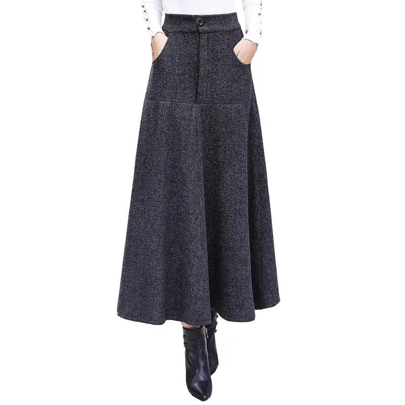

#0247 Long Wool Skirts For Winter 2019 High Waist Ladies Woolen Skirts A-line Pleated Skirt Thick Warm Vintage