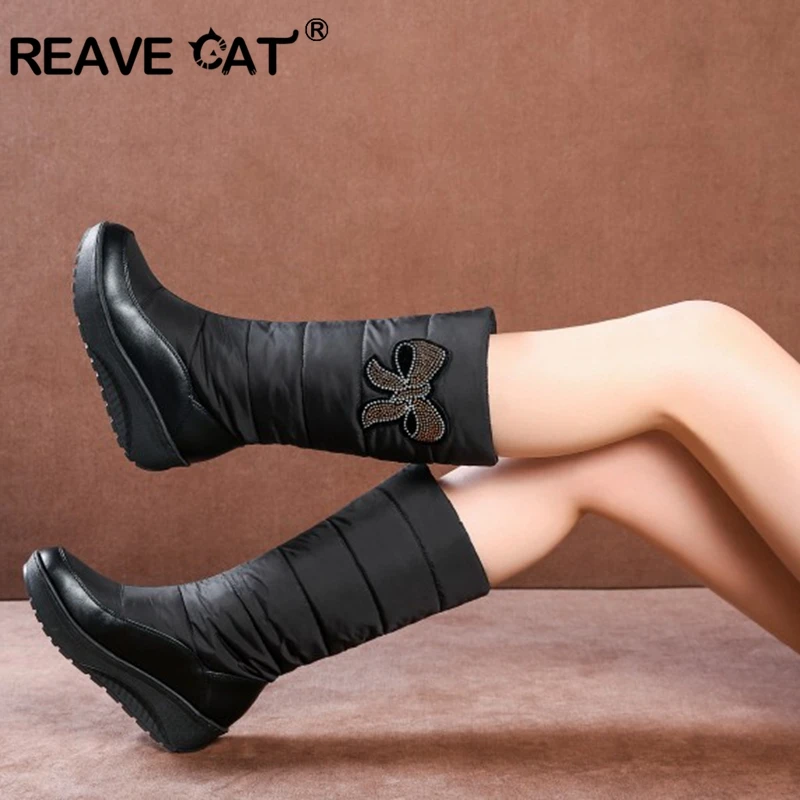 

REAVE CAT Mid-Calf Snow Boot Down High platform waterproof Slip-on Butterfly-knot Rhinestone Wool Big Size 35-43 Blue Black