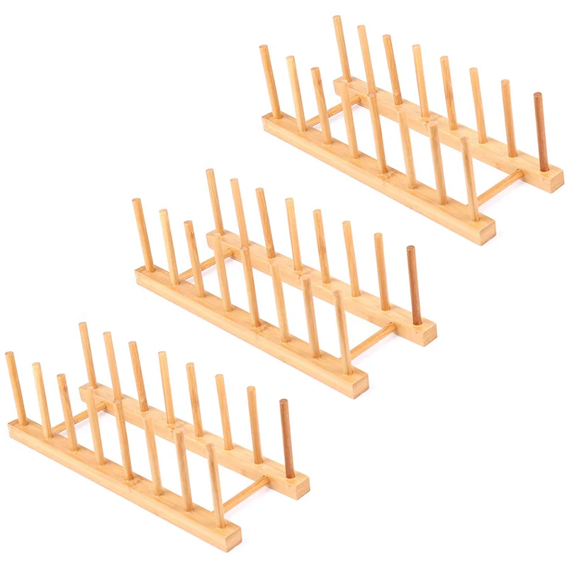 

NEW-3 Pack Bamboo Wooden Dish Rack - Plate Rack Stand Pot Lid Holder, Kitchen Cabinet Organizer for Bowl, Cup, Cutting Board and