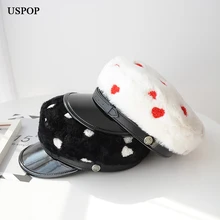 USPOP, новинка, зимние женские шапки с вышивкой в виде сердца, шапки из бархата, ПУ кожа, пестрые шапки, женские толстые теплые зимние шапки