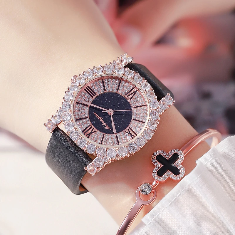 Moda Diamante Bling Cristais Mulheres Relógio de Pulso Pequena Fina Pulseira de Luxo de Couro Elegante Relógio Vestido Feminino Relógio Feminino - Image 5