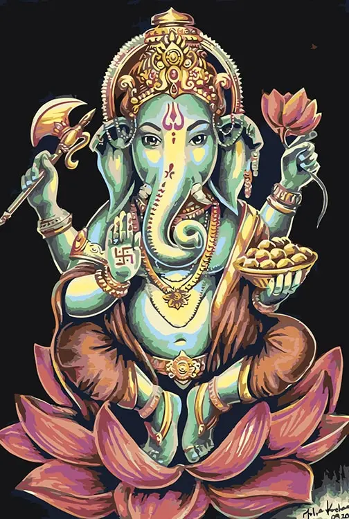 ガネーシャ　油画 数字による数字の絵画 