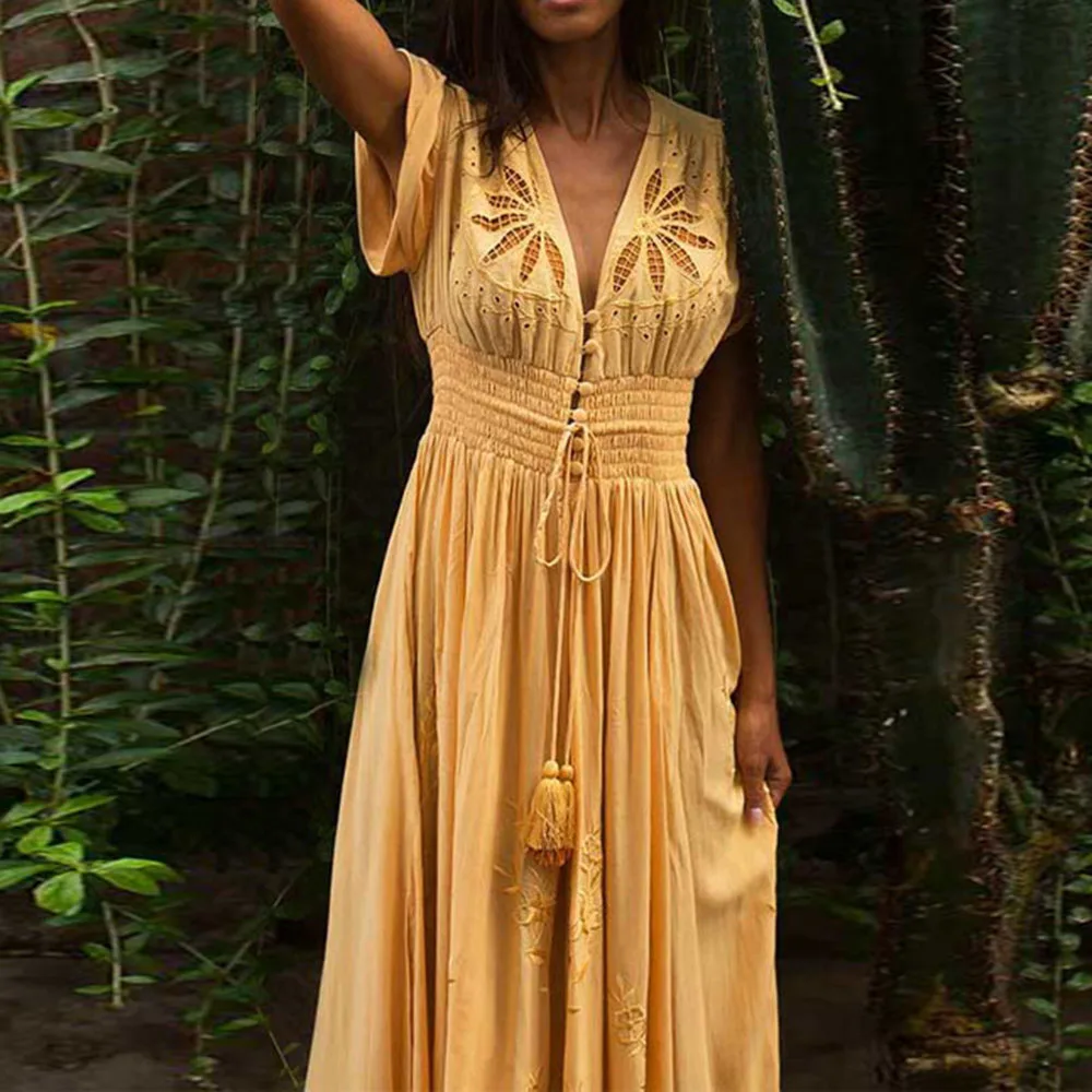 Bohemian Embroidery A Line Dress Plus Size Sleeveless V-Neck Maxi Women Sexy Elegant Dresses Ladies Long Vestido | Женская одежда