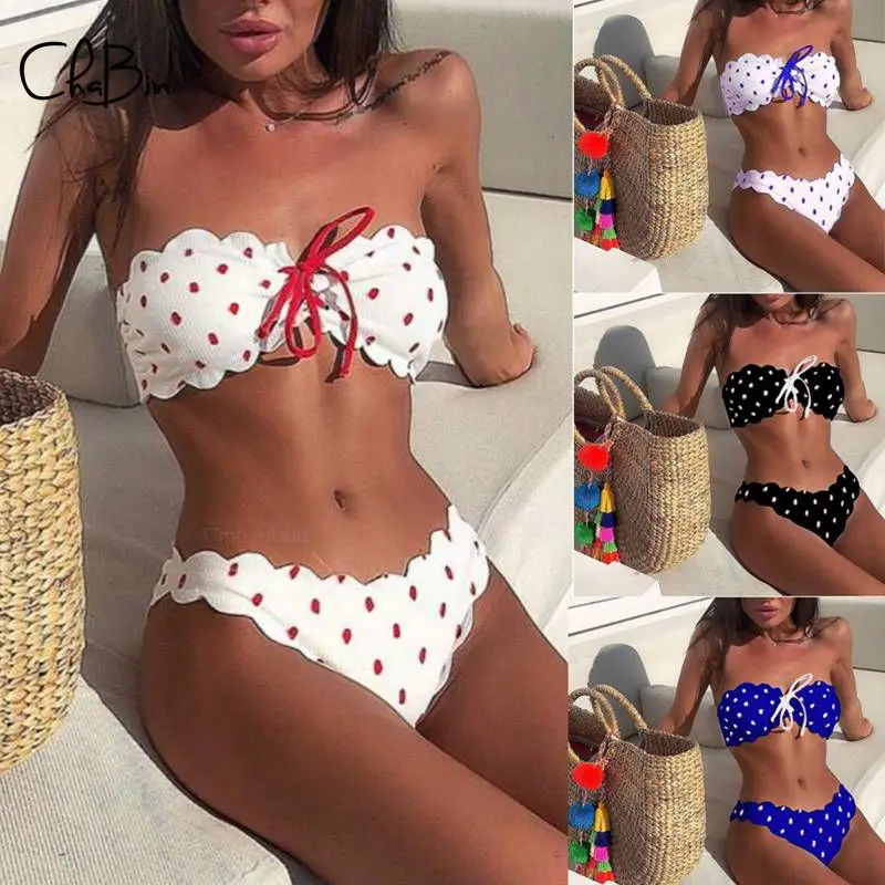 

New 2020 Women Sexy Bandage Bikini Set Padded Dot Print Lace-Up Swimwear Beach Bathing Suit Swimsuit Bikini Swimming Suit