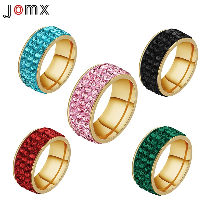 

Jomx Candy Colors Rings Women Stainless Steel 3 Rows Cubic Zirconia Stone Wedding Rings Jewelry Lovely Fashion Female Ring Gift