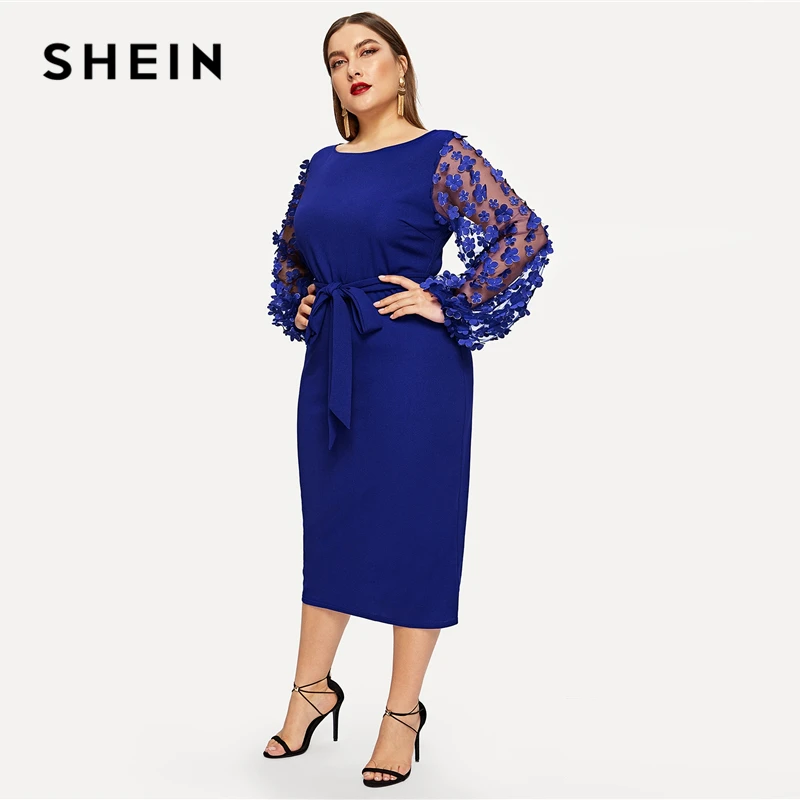 SHEIN Размера Плюс Платье Карандаш С Поясом Сетчатым Рукавом И 3D Вставкой 2019
