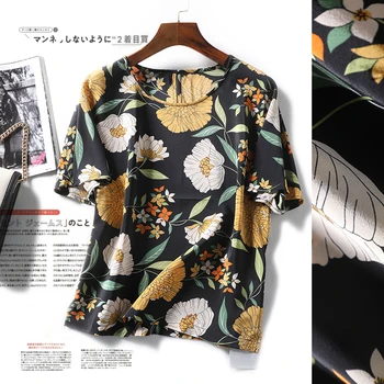 

Blouses Woman 2020 Summer Printed Silk Round Collar Short Sleeves Good Quality Smooth Silky Breathable Women Tops And Bloues