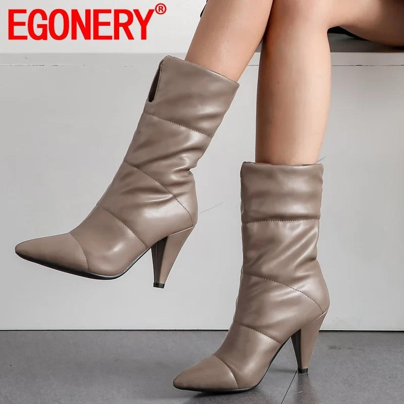 

EGONERY hots slae mid calf boots 2019 winter warm new fashion pointed toe super high heels plus size women shoes drop shipping