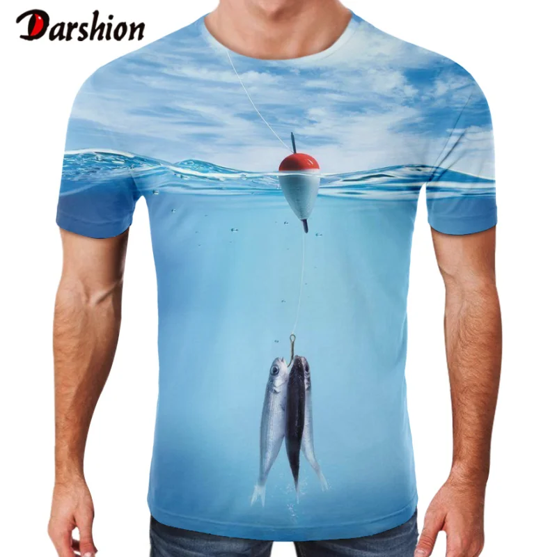 

Harajuku Hip Hop T-shirt 3D Realistic Printing New Fish Series Streetwear Hung Under Blue Sky And White Clouds O-neck T-shirt