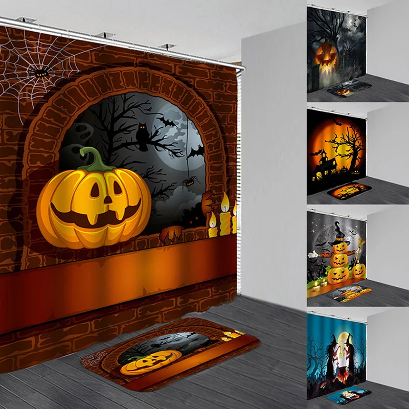 2020 New Halloween  Pumpkin Waterproof Shower Curtain Anti-slip Bath Mats Bathroom Suit