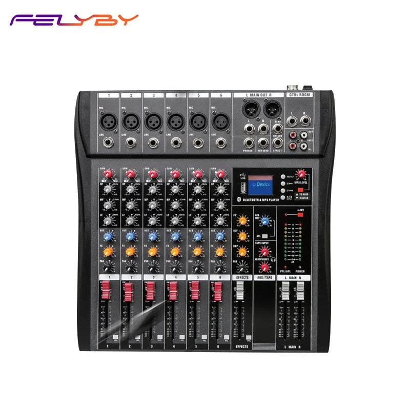 

FELYBY TU06 Audio-Mixer Sound Card Mixing Console with BT MP3 USB Input +48V Phantom Power 6-Channels