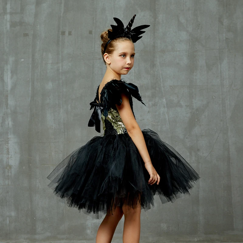 Black Dark Angel Girls Tutu Dress V-neck Train Girls Pageant Evening Party Ball Gown Fancy Dresses Kids Halloween Witch Costume (4)